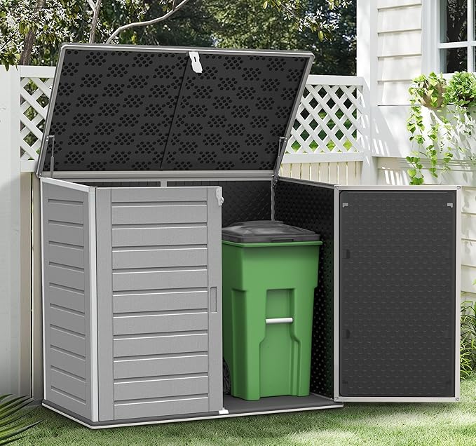 Uhomepro 4.6 Ft. X 4.1 Ft Outdoor Horizontal Storage Shed, Resin Storage Shed with Double Lockable Doors, Ideal for Garbage Can Storage and Garden Tools