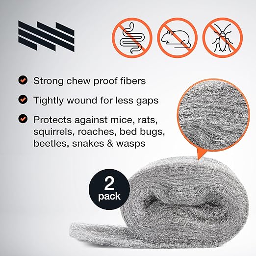 MaPorch Stainless Steel Wool Mouse Hole Filler - Pack of 2, 2.5" x 7.5 ft - Flexible Gap Filler & Rodent Defense - for Weep Hole & Brick Wall Seals