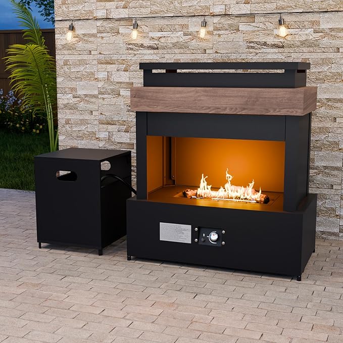 COOS BAY Outdoor Propane Fireplace Firepit, 50,000 BTU Adjustable Flame Chiminea Patio Heater with Tank Storage, Smokeless Gas, Ceramic Log, Modern Metal, 35.4''x22''x40.6'', Gray/Tan