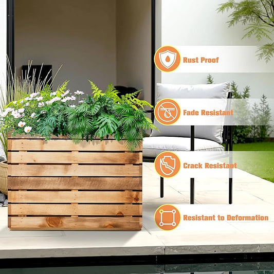 FENCY Metal Rectangular Planter Box, Large Planters for Outdoor Plants, Tall Planters for Outdoor Plants with Drainage Holes (30" L x 12" W x 24" H,Walnut Finish)