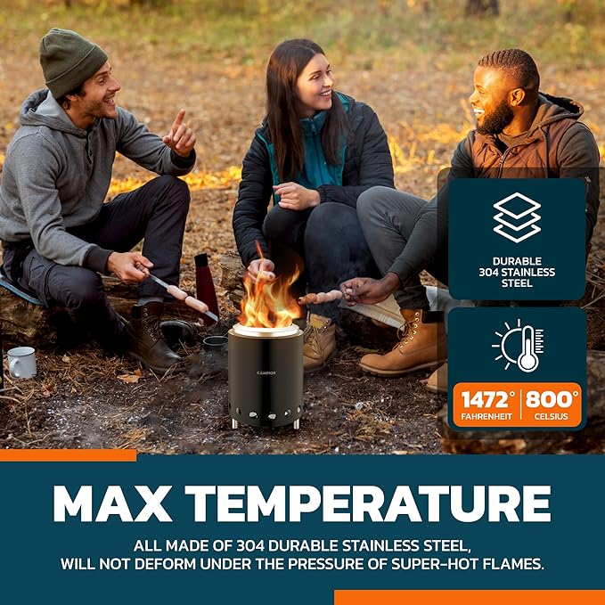 Wood Burning Fire Pit Stove with Black Exterior - Smokeless Outdoor Stove for Efficient Wood Fires, Camping, and Gatherings, Stainless Steel with Removable Ash Pan, Stand and Carry Bag