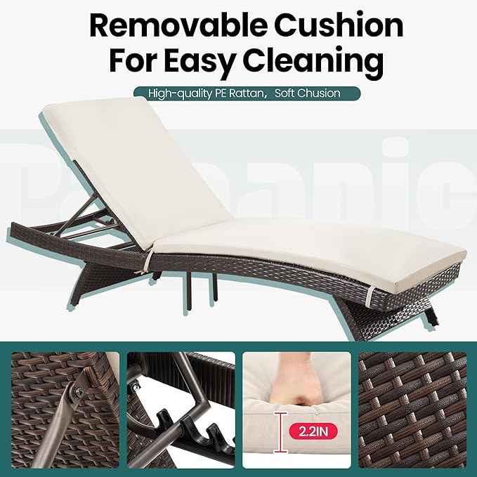 Pamapic Patio Chaise Lounge Set 3 Pieces with Adjustable Backrest and Removable Cushion, Outdoor Pool Chair for Patio Poolside Backyard Porch