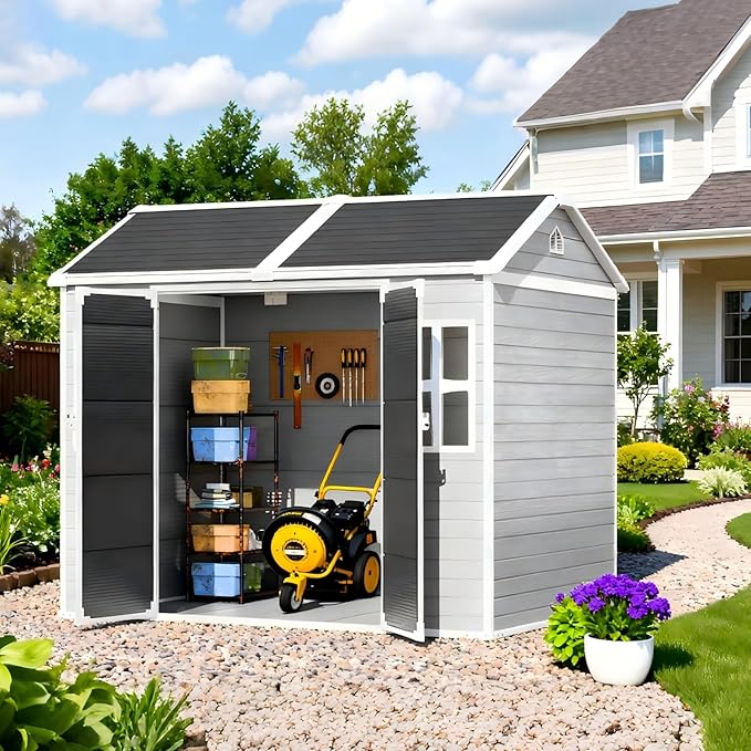 8x6 FT Plastic Storage Sheds Outdoor with Floor and Window, Utility All-Weather Resin Shed Easy to Install, Large Sheds & Outdoor Storage/Tool Shed for Garden Backyard Patio, Gray