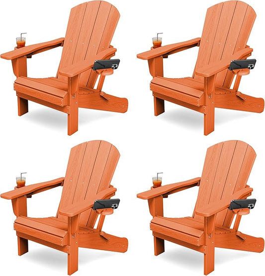 KINGYES Folding Adirondack Chair Set of 4, Dual Cup Holders & All-Weather HDPE, Wood-Like Patio Chair for Backyard, Camping, Pool & Fire Pit, Orange