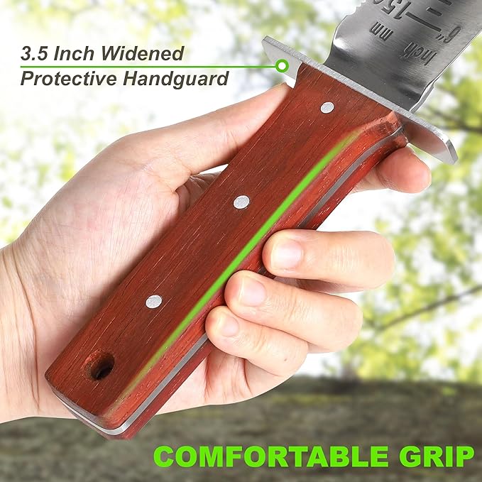 Topline Full Tang Hori Hori Garden Knife, Hori Hori Knife with Sharpening Stone, Double-Edge Stainless Steel Blade, Heavy Duty Leather Sheath Included, Garden Tools for Digging, Weeding, Planting