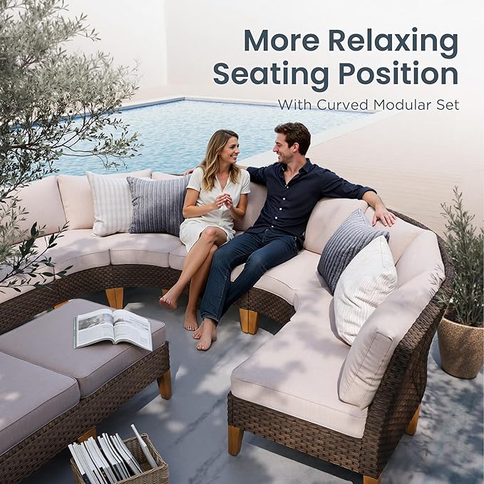 PHI VILLA 8-Piece Half-Moon Patio Furniture Set, Outdoor Wicker Sectional Sofa with Thick Beige Cushions, 2 Ottomans, Large Curved Conversation Seating for Garden or Backyard