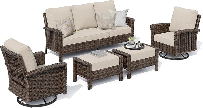 HERA'S HOUSE High Back Patio Furniture Set with Swivel Chairs, Outdoor Wicker Furniture with 5.5" Thick Cushions, Outside Conversation Sofa Sets for Backyard Deck Lawn, Beige