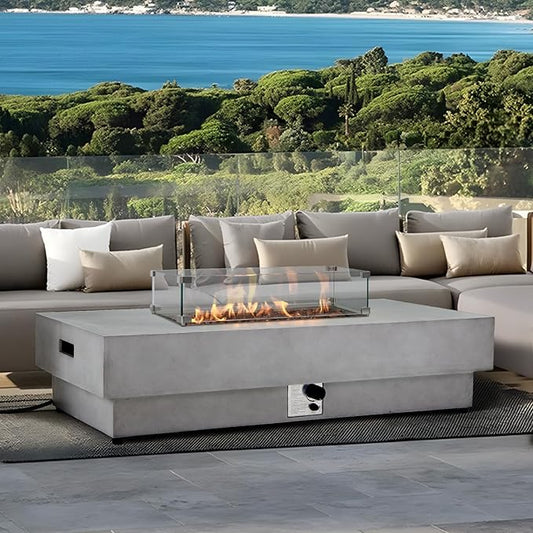 60" Rectangular Propane Fire Pit – 50,000 BTU Concrete Fire Pit with Glass Wind Guard – Backyard Firepits Outdoor – Gas Fireplace for Deck or Patio