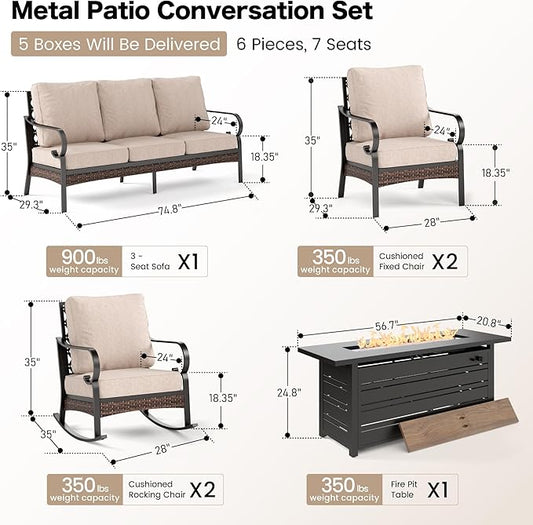 6 Piece Black Metal Outdoor Patio Furniture Sets with Firepit Table, Patio Conversation Sets 1 3-Seater Sofa, 2 Leg Sofa and 2 Rocking Sofa with 5.75" Cushion for Backyard Deck, Beige