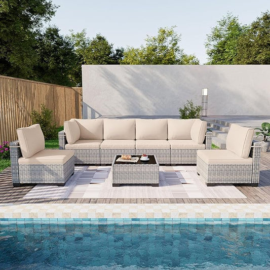 7-Piece Patio Furniture Set, Outdoor Sectional with Thick Cushions, Modular Patio Sofa, Dual-Strand Wicker Rattan, Rust-Resistant Frame, Backyard Furniture for Garden, Deck, Khaki
