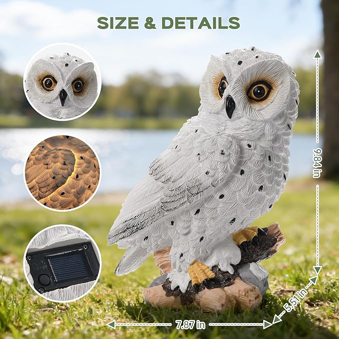 Ayadon Solar Owl Garden Outdoor Statue,Owl Figurine Sculpture with LED Lights for Porch Patio Lawn Yard Deck Decor - Ideal Housewarming Christmas Gift for Women Men Owl Lover(White)