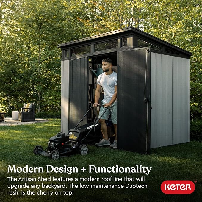 Keter Artisan 7 x 7 Foot Large Modern Design Outdoor Shed with Floor for Outdoor Furniture, Lawn Equipment, Bikes, and Gardening Tools, Gray
