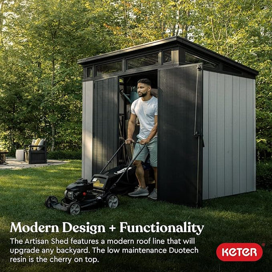 Keter Artisan 7 x 7 Foot Large Modern Design Outdoor Shed with Floor for Outdoor Furniture, Lawn Equipment, Bikes, and Gardening Tools, Gray
