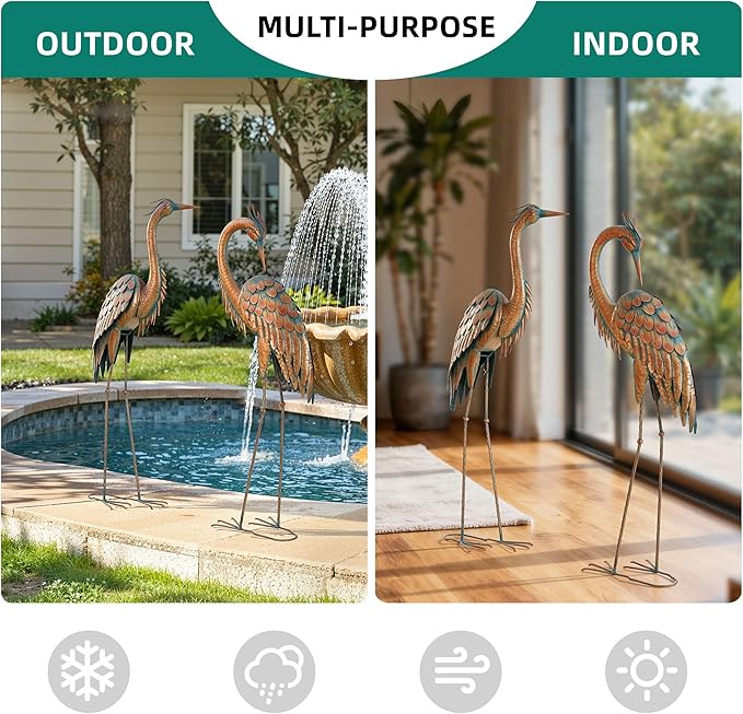 Ultym 44.8" Tall Extra Large Metal Crane Decor, Handcrafted Distressed Bronze Heron Sculpture with 4-Piece Secure Ground Stakes, Vintage Charm Outdoor Garden Statue Yard Art for Patio & Backyard Decor
