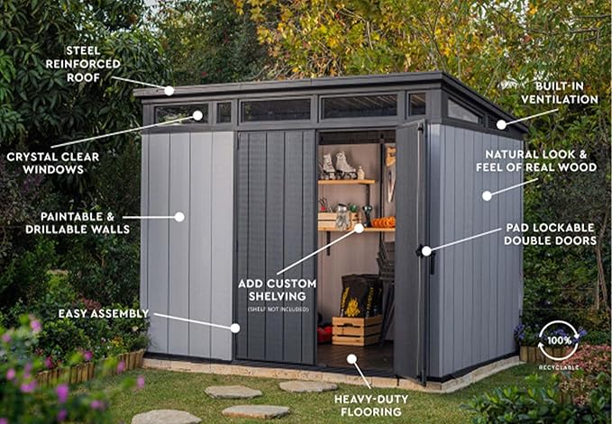 9x7 Ft All-Weather Storage Shed with Skylight,Window,Built-in Ventilation,Walls, & Lockable Double Doors for Patio Furniture Lawn Mower Tools and Bike Storage Lockable