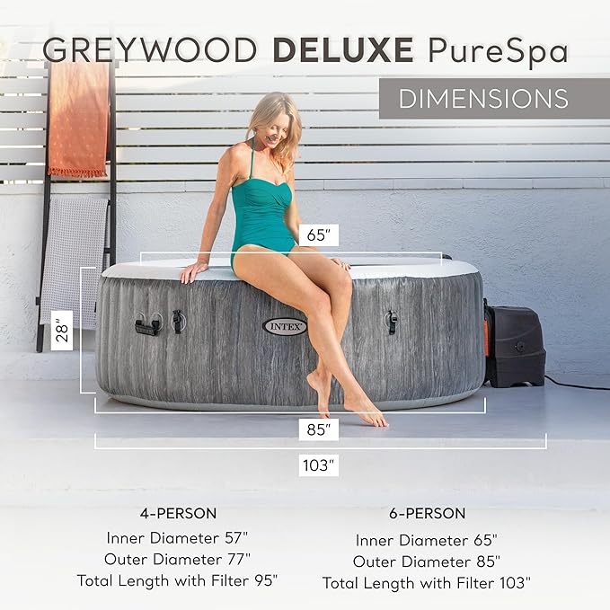 INTEX 28439EP PureSpa Greywood Deluxe Inflatable Spa Set: Includes Energy Efficient Cover – Spa Control App – Wireless Control Panel – 4 Person Capacity – 77" x 28"