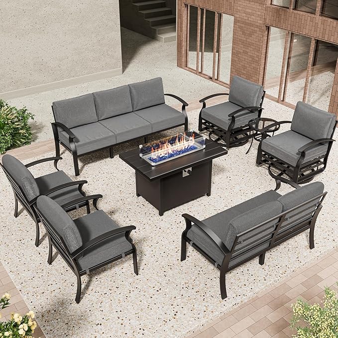 Aluminum Patio Furniture Set with Fire Pit Table, 9 Seats Outdoor Patio Conversation Set with Swivel Chair Modern Metal Patio Sectional Sofa with Upgrade Cushions for Patio, Backyard (Grey)