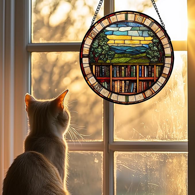QZQCBLC Stained Glass Window Hanging Retro Books Scenery Large 11.8" - Abstract Suncatcher Door Garden Sun Catcher Home Decor Birthday Christmas for Mom Men Woman Nana Friend Wife