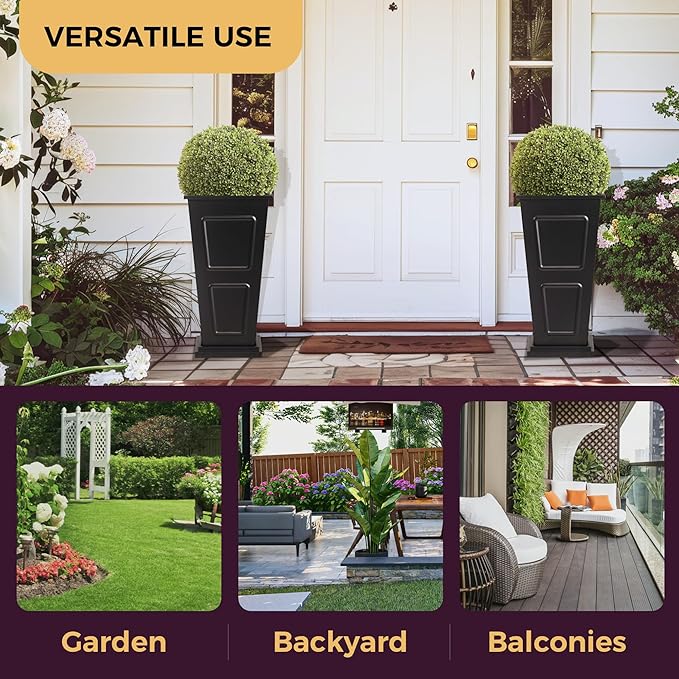 23" Tall Metallic Planter for Outdoor Plants Set of 2, Tapered Steel Flower Pot with Removable Middle Partition Drainage Holes, Large Metal Planters for Front Porch, Garden, Patio, Balcony, Black