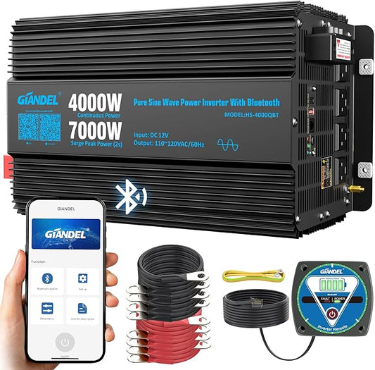 GIANDEL 4000W Pure Sine Wave Power Inverter 12V to 120V AC,7000W Surge,Compatible with All 12V Batteries,Bluetooth Control,30FT Wired Remote,FCC Approved for RV Campers Off-Grid Solar Systems