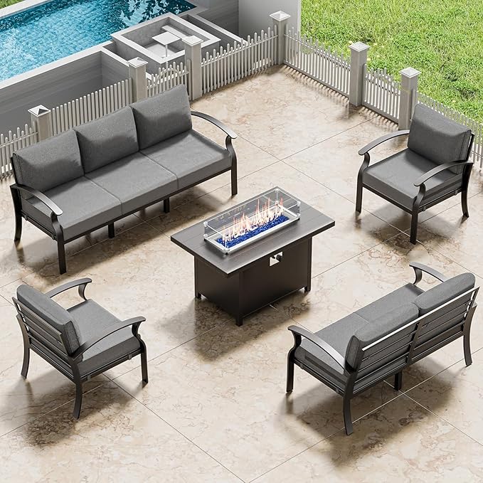 Aluminum Patio Furniture Set with Fire Pit Table, 7 Seats Outdoor Patio Conversation Set Modern Metal Patio Sectional Sofa with Upgrade Cushions for Patio, Backyard (Grey)