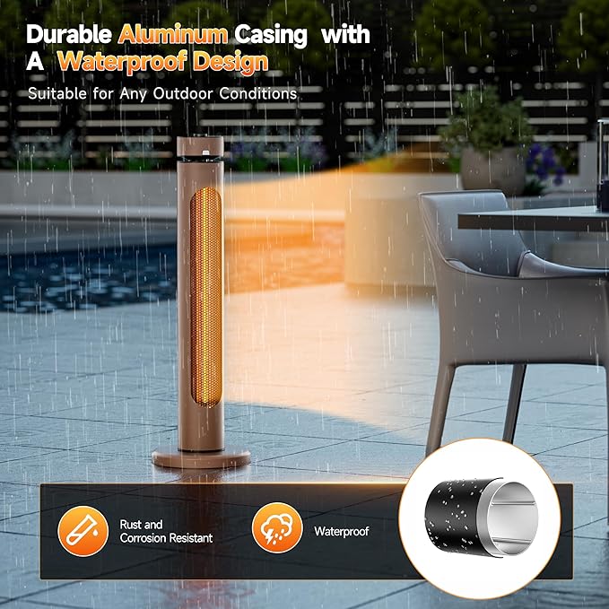 Portable Heater Outdoor Infrared 1500W 8 Heat Levels 8H Timers Carbon Fiber Tube Tip-Over&Overheat Protection IP45 Waterproof Electric Garden Heater, Deep Brown