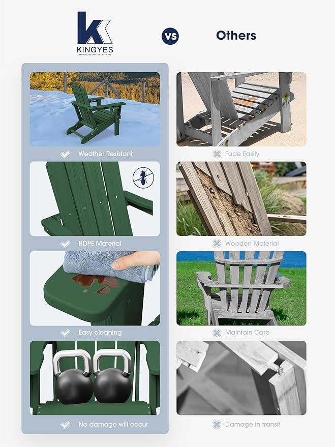 KINGYES Folding Adirondack Chair Set of 6, Dual Cup Holders & All-Weather HDPE, Wood-Like Patio Chair for Backyard, Camping, Pool & Fire Pit, Dark Green