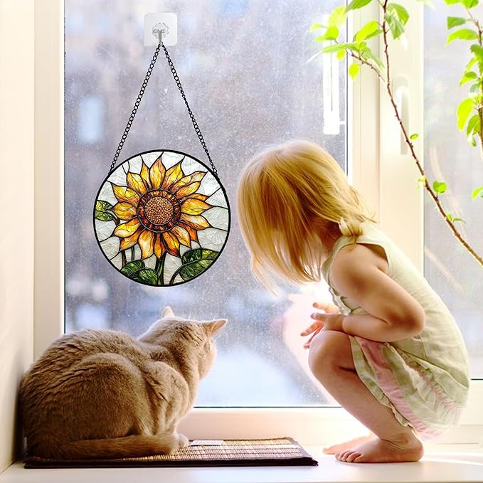 DASTOLL Stained Glass Window Hanging - Sunflower Flower Suncatcher Ready to Hang Window Doors Home Decoration and Christmas, Mother's Day Birthday Gifts for Women, Men, and Mom 11.8x11.8 in