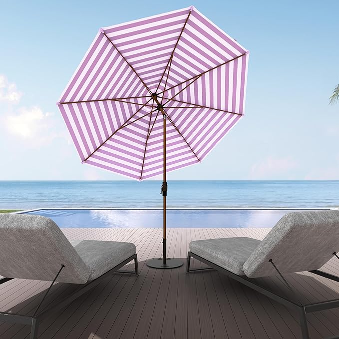 Midtown Umbrellas The Wooden 2-10 Feet Large Patio Umbrella, Terylast Purple & White Stripes Fabric, Aluminum Frame For Backyard Umbrella, Deck Umbrella, Garden Umbrella & Pool - Wooden Pole