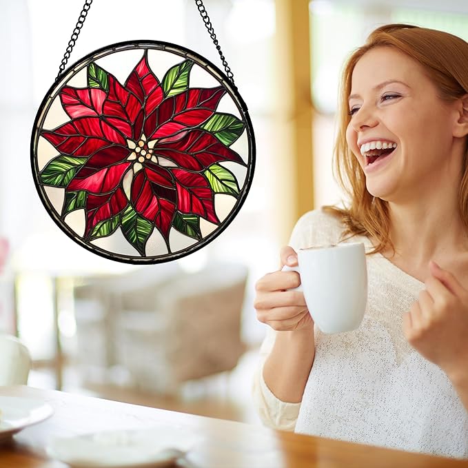 CRISGIF Stained Glass Window Hanging - Red Poinsettia Birth Flower Suncatcher for Door Garden Yard Sun Catchers Decor Christmas Mother's Day Birthday Gifts for Women Mom Nana Friend Men 9.8 in