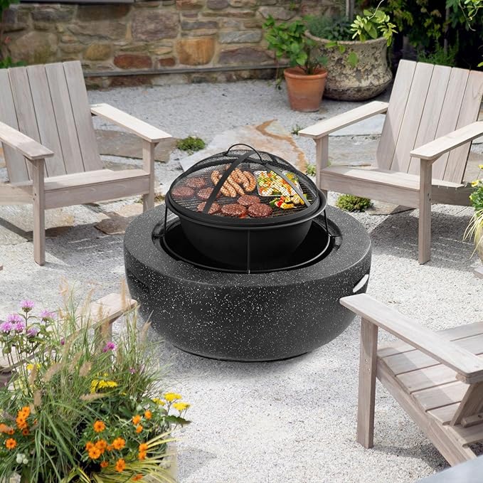 Outdoor Round Fire Pit 23.5” Faux Concrete Burning Firepit Portable Charcoal Grill for Patio Garden Backyard Barbecue, with Spark Screen, Firebowl, Poker, Stainless Steel Rack