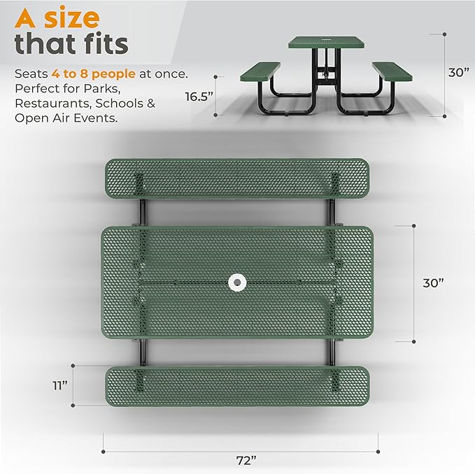 OUTTANS Commercial Heavy-Duty Metal Picnic Table - ADA Compliant, Adjustable Seats, Umbrella Hole, Expanded Metal (Green, 6' Rectangular)