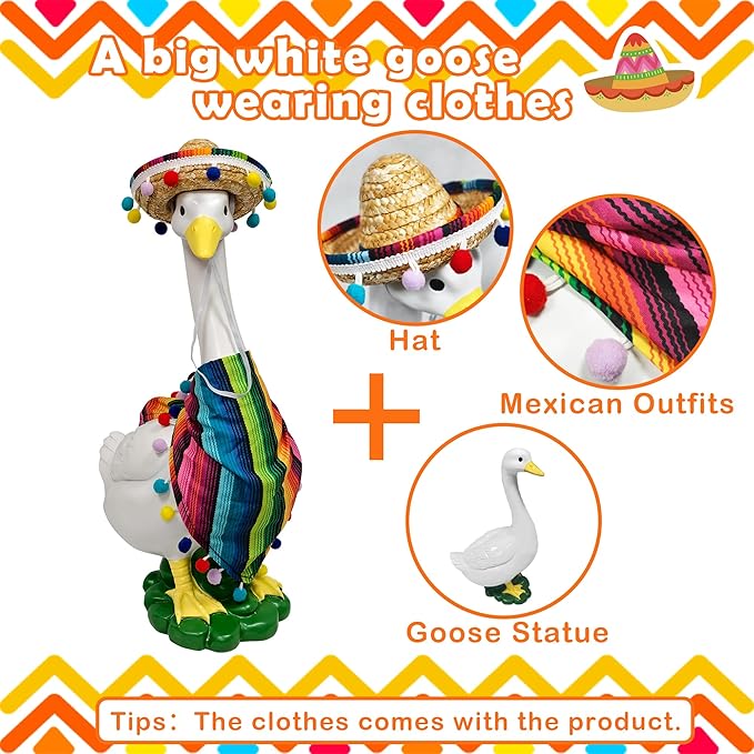 Porch Goose Statues + Porch Goose Outfits, 20" Large Durable Resin Goose Statue Decor with Fun Porch Goose Clothes, Mexican Sombrero Scarf Decorations Diy Indoor Outdoor Garden Patio Yard Lawn Gifts