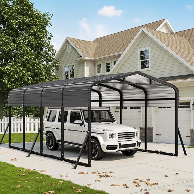 Heavy Duty Metal Carport Canopy, 12x20 FT Outdoor Car Port with Waterpoorf Metal Roof& Side Support Rods, Multi-Use Shelter Outdoor Garage for Car, Boats and Truck