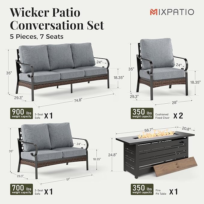 Patio Furniture Set with Firepit Table, Black Frame Outdoor Conversation Set with 2 x Fixed Chairs, 1 x 2-Seat Sofa, 1 x 3-Seat Sofa for Lawn Garden Backyard, Grey