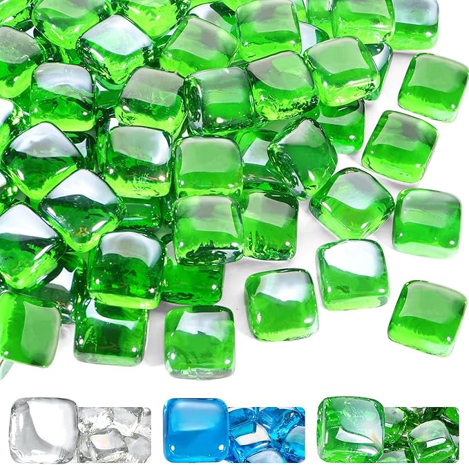 GasSaf Green Fire Glass Cubes for Outdoor Fire Pit, Fireplace, Replaces Existing Gas Logs & Lava Rocks, 1 Inch Glass(20 Pound)(Green Luster)
