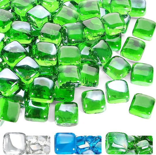 GasSaf Green Fire Glass Cubes for Outdoor Fire Pit, Fireplace, Replaces Existing Gas Logs & Lava Rocks, 1 Inch Glass(20 Pound)(Green Luster)