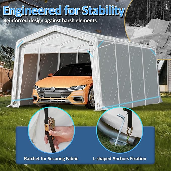 StarEcho 10x20FT Heavy Duty Outdoor Storage Shelter Carport, Portable Garage for Garden Tool, Car, Lawn Mower & Bike, with Galvanized Steel Frame, Dual Doors, Thickened PE Tarp (White)