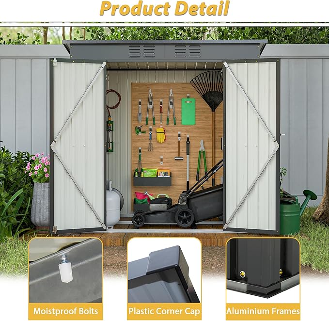 Favfurish Outdoor Storage Shed 6x4 FT,Metal Waterproof Tool Sheds with Hinged Door and Padlock,Vents,Garden Shed for Garden Backyard, Lawn,Black