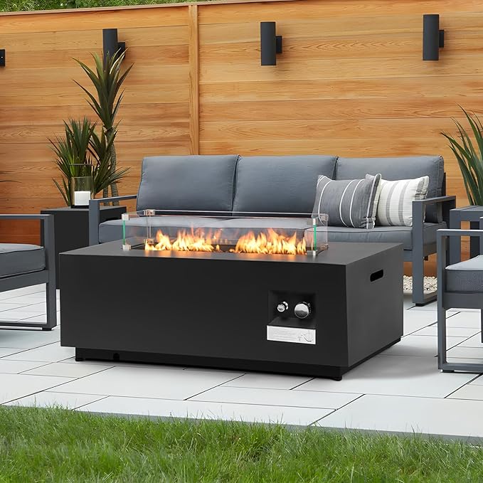 42” Rectangle Fire Pit Table Propane, 50,000 BTU Outdoor Steel Firepit with Tank Cover, Wind Guard, Waterproof Cover, Lava Rocks for Outside Patio Backyard, Black