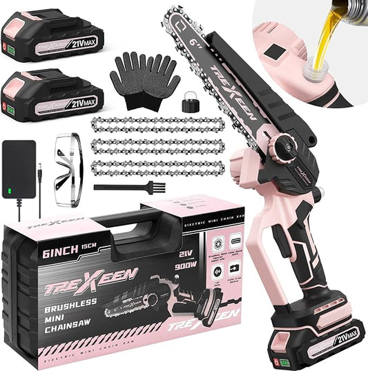 Mini Chainsaw, 6-Inch Electric Chainsaw Cordless, Upgraded 900W Brushless Portable Handheld Small Chain Saw with Auto Chain Regulator & Auto Oiler for Wood Cutting/TreeTrimming/Courtyard (Pink)