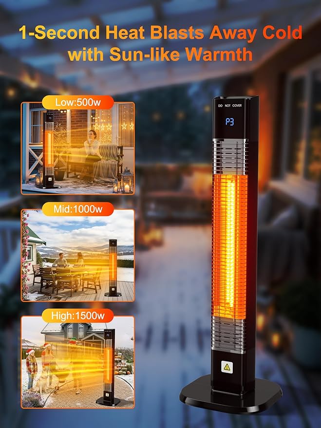 YEW Outdoor Electric Patio Heater, 1500w Infrared Heaters with Remote, 24H Timer, 3 Heat Levels, Waterproof, Quiet, Tip-Over Protection, Portable Tower Heaters for Porch,Garage,Balcony,Backyard