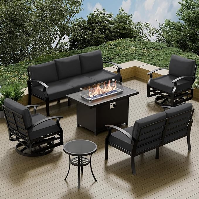 Aluminum Patio Furniture Set with Fire Pit Table, 7 Seats Patio Outdoor Conversation Set with Swivel Chair Modern Metal Patio Sectional Sofas with Upgrade Cushions for Patio, Backyard (Grey)