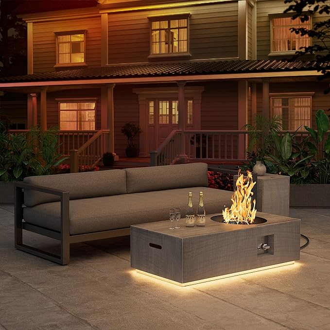 48" Outdoor Propane Fire Pit with Round Burner and Lights - 50,000 BTU Fire Pit Table with Lid, Rocks, Cover & Tank Storage - Patio and Deck Gas Fire Pit (Light Grey/Golden Light, 48" LED)