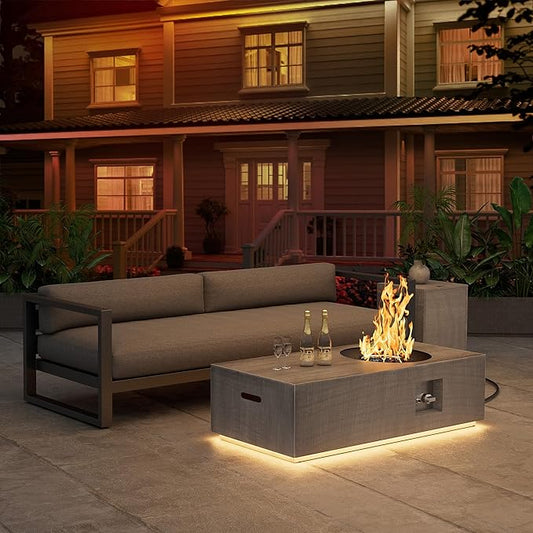 48" Outdoor Propane Fire Pit with Round Burner and Lights - 50,000 BTU Fire Pit Table with Lid, Rocks, Cover & Tank Storage - Patio and Deck Gas Fire Pit (Light Grey/Golden Light, 48" LED)