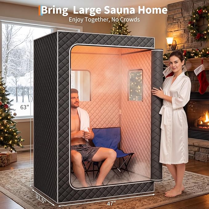 Portable Sauna,Upgraded 2 Person Sauna Box with 4L 1500W Steamer,Full Body Home Spa with 2 Foldable Chairs,9 Levels of Sauna Box with Remote Control（Grey）
