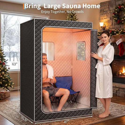 Portable Sauna,Upgraded 2 Person Sauna Box with 4L 1500W Steamer,Full Body Home Spa with 2 Foldable Chairs,9 Levels of Sauna Box with Remote Control（Grey）