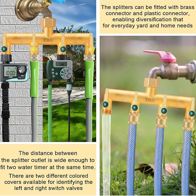 EBH Brass Garden Hose Splitter, 4-Way Heavy Duty Hose Splitter, Outdoor Faucet Manifold, with Extended Metal Handle and Individual On/Off Valve Spout, 3/4” GHT Threads