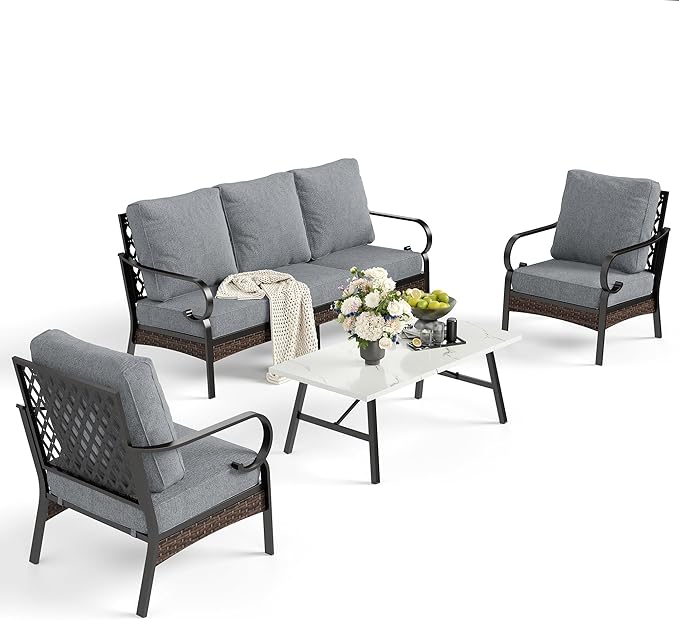 4 Piece Metal Outdoor Patio Furniture Set, Patio Conversation Sets 1 3-Seater Sofa, 2 Chairs with 5.75" Extra Thick Cushion and Coffee Table, Black Frame Backyard Furniture, Gray