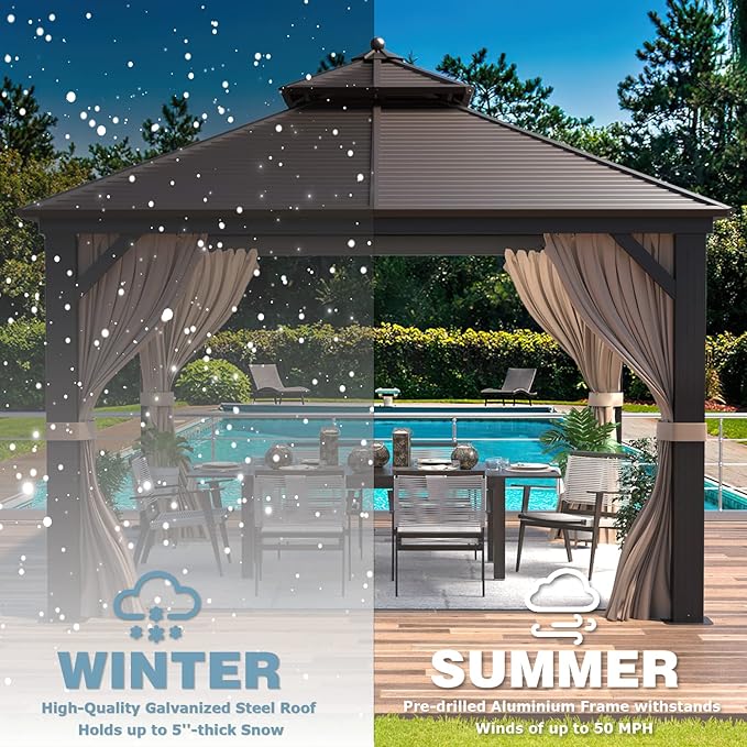 MELLCOM 12' x 12' Hardtop Gazebo, Galvanized Steel Double Roof Outdoor Gazebos, Aluminum Frame with Netting and Curtains for Patios, Gardens, Lawns